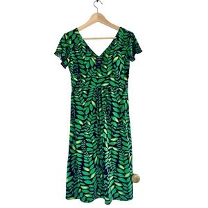 Green Leaf Nature Print Midi Dress Boho Garden Party VNeck Padded Retro‎ Y2K S